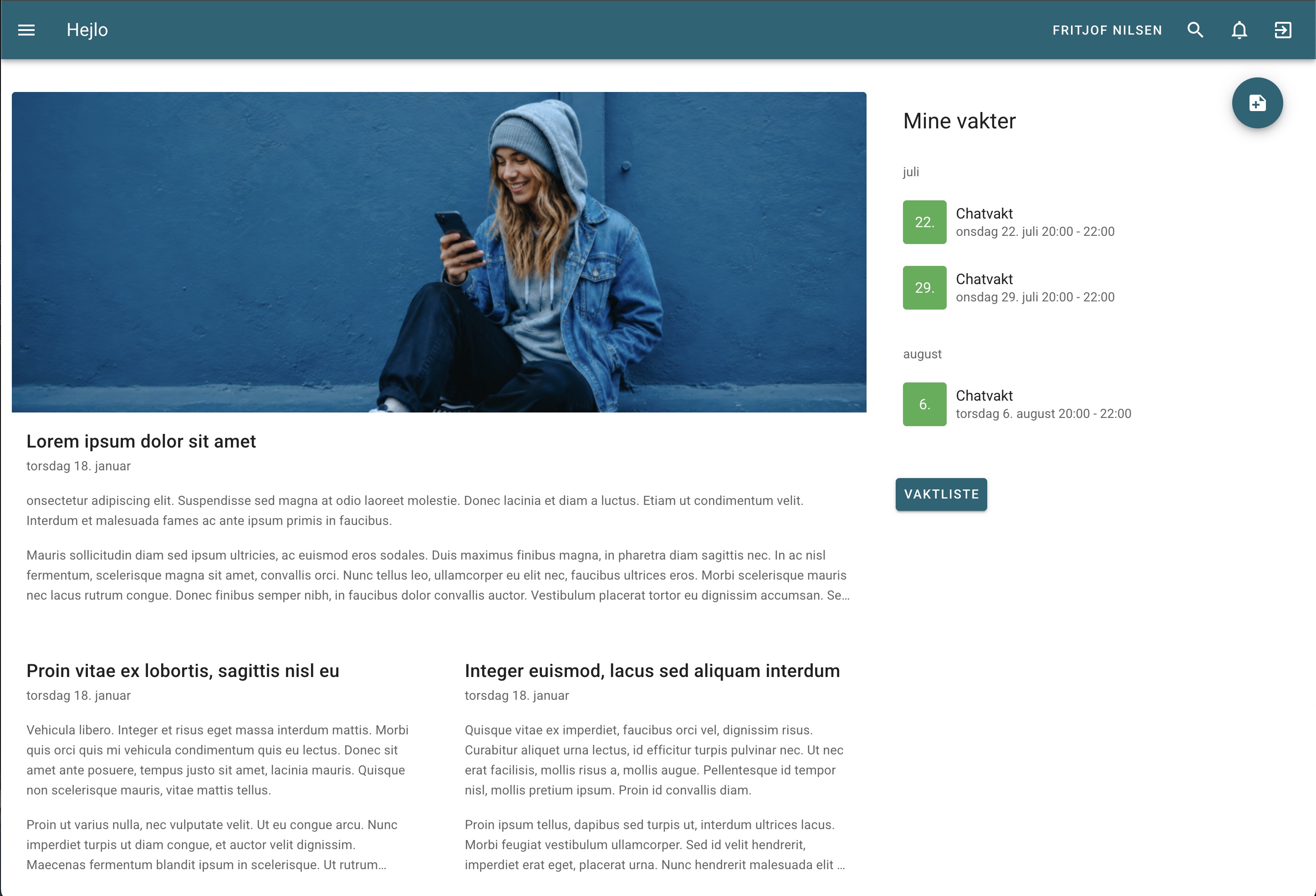 Intranet med internchat, dokumenter og nyheter for innloggede medarbeidere