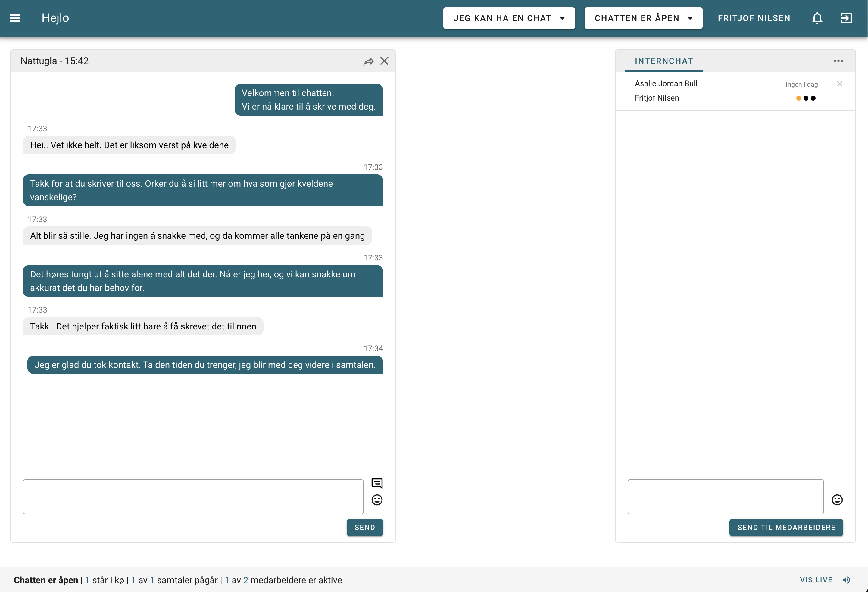 Medarbeider-panelet: kø, samtaler, internchat og statistikk