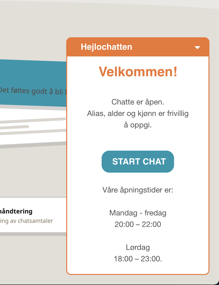 Widgeten åpnet med velkomstmelding, åpningstider og start chat-knapp